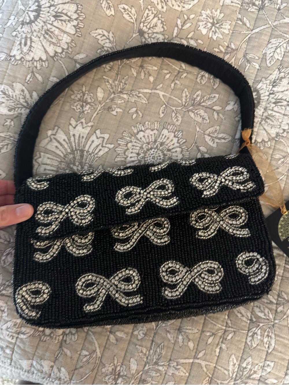 Beaded Black Evening Shoulder Bag with Silver Bow Accents - Picture 9 of 10